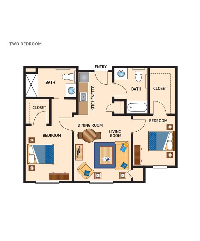 Independent living 2 bedroom floor plan for White Cliffs Senior Living.